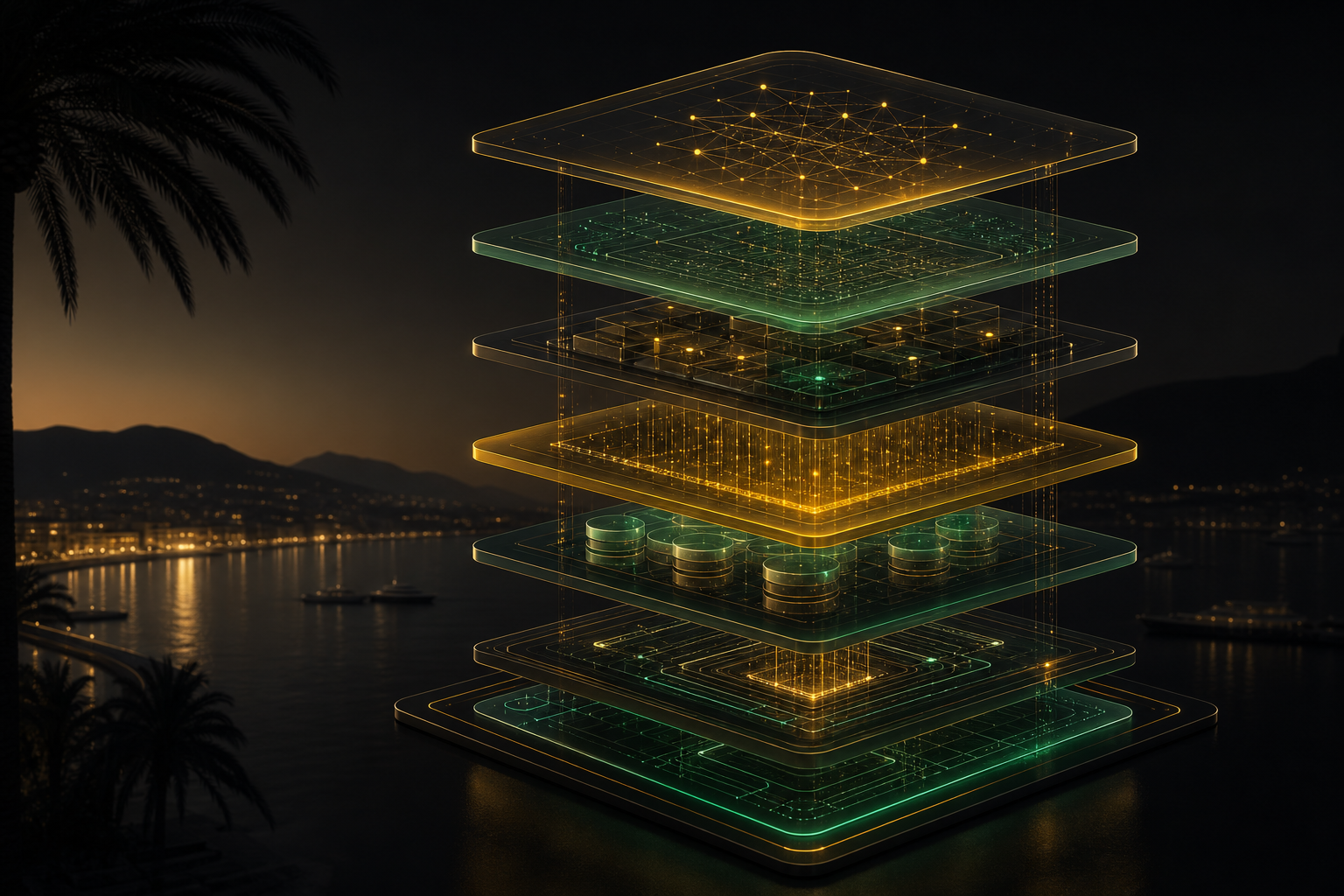 The Enterprise AI Stack Nobody Is Talking About — futuristic layered tech stack visualization with gold and emerald accents. Upside Journal.