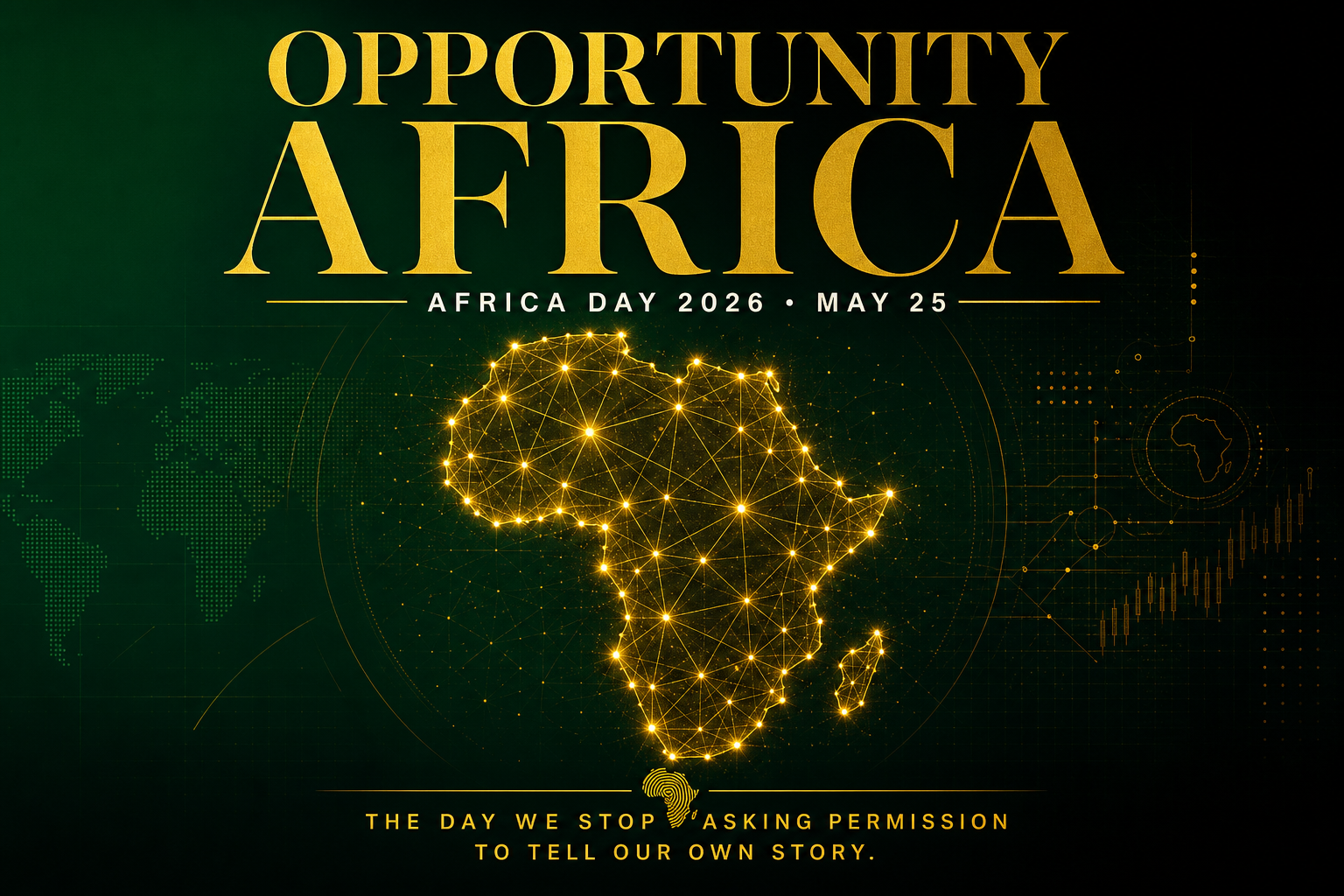 Opportunity Africa — Africa Day 2026. Gold text on dark gradient background with glowing network nodes forming the African continent silhouette. Upside Journal branding.